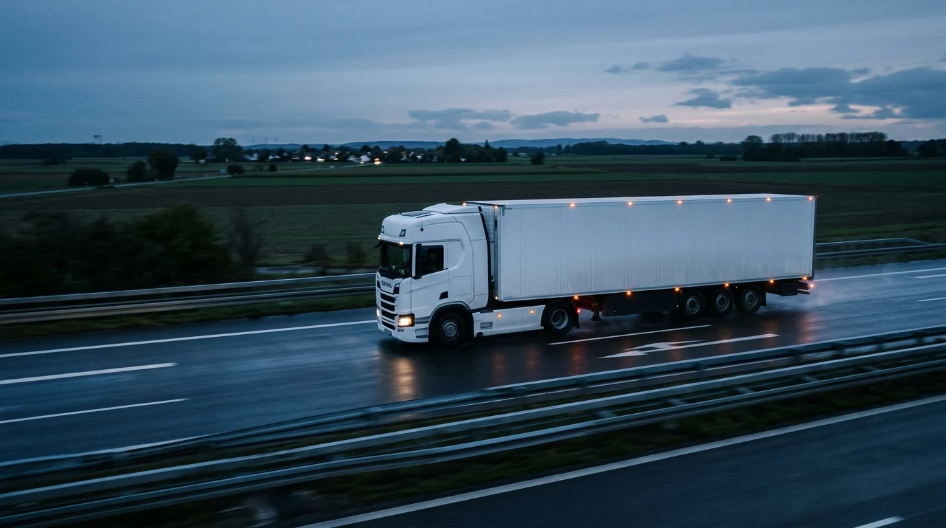 Unbeschrifteter Sattelzug auf einer Autobahn in der Abenddämmerung