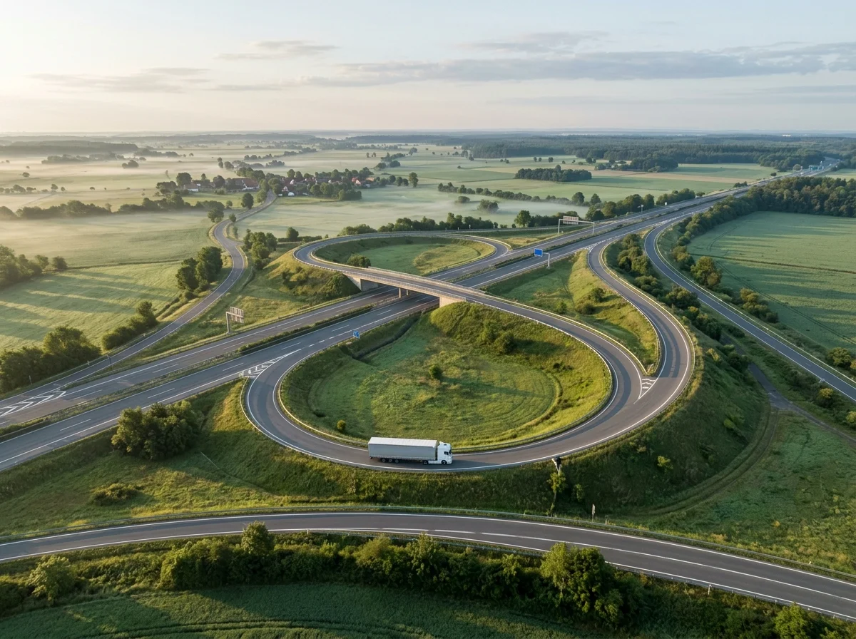 Luftaufnahme eines Autobahnkreuzes mit einem Lkw am frühen Morgen